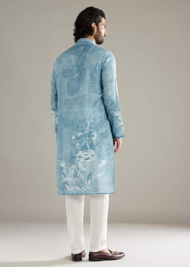 Sky Blue Kurta Set For Men With Printed Floral Motifs Sky Blue Kurta Set For Men With Printed Floral Motifs