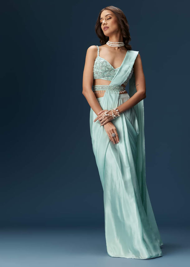 Sky Blue Ready Pleated Saree With Blouse And Belt Sky Blue Ready Pleated Saree With Blouse And Belt