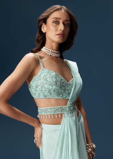 Sky Blue Ready Pleated Saree With Blouse And Belt