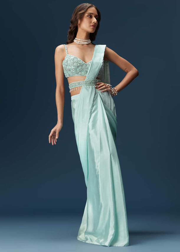 Sky Blue Ready Pleated Saree With Blouse And Belt Sky Blue Ready Pleated Saree With Blouse And Belt