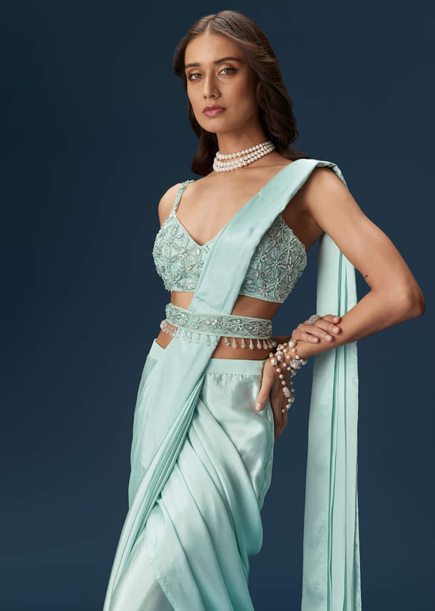 Sky Blue Ready Pleated Saree With Blouse And Belt Sky Blue Ready Pleated Saree With Blouse And Belt