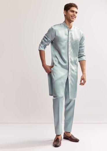 Sky Blue Satin Blend Kurta Set For Men With Zardosi Hand Embroidery