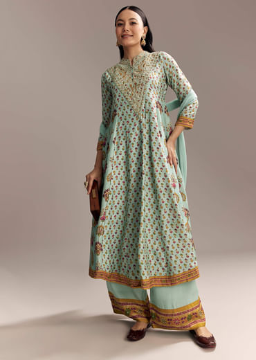 Sky Blue Silk Anarkali Suit With Boho Multi Print