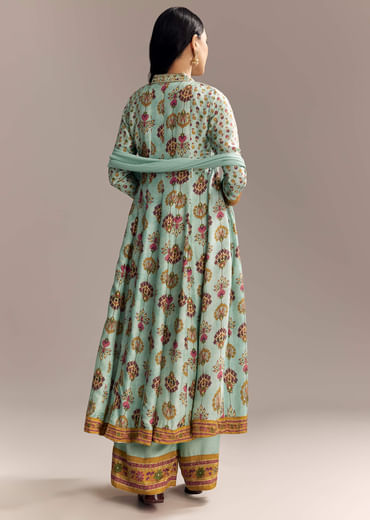 Sky Blue Silk Anarkali Suit With Boho Multi Print