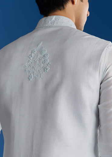 Sky Blue Silk Embroidered Jacket Kurta Set