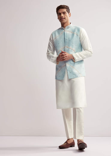 Sky Blue Silk Kurta Jacket Set For Men With Hand Embroidery