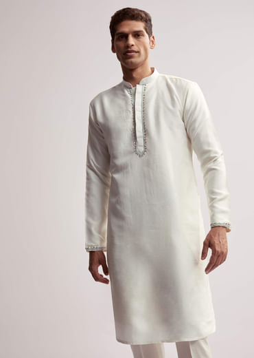 Sky Blue Silk Kurta Jacket Set For Men With Hand Embroidery