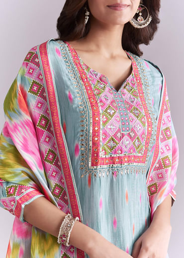 Sky Blue Silk Kurta Set With Ikat Style Print