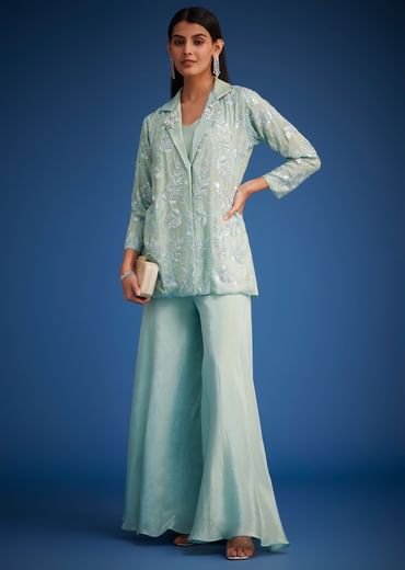 Sky Blue Tissue Embroidered Jacket Palazzo Set