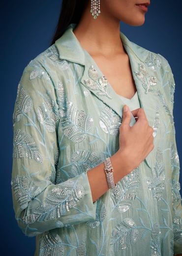 Sky Blue Tissue Embroidered Jacket Palazzo Set