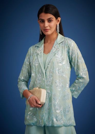 Sky Blue Tissue Embroidered Jacket Palazzo Set