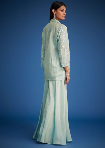 Sky Blue Tissue Embroidered Jacket Palazzo Set