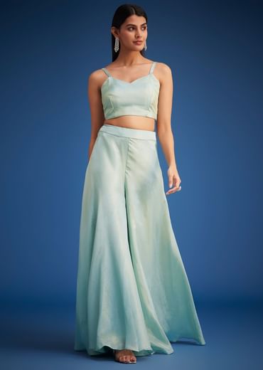 Sky Blue Tissue Embroidered Jacket Palazzo Set