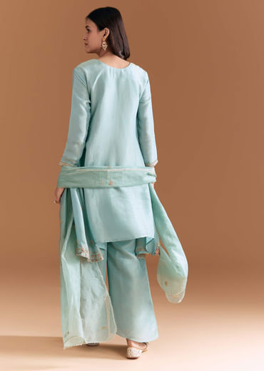Sky Blue Tissue Kurta Set With Zardosi Embroidery