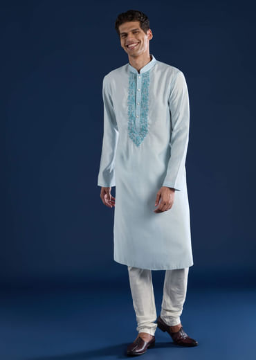 Sky Blue Viscose Resham Work Mens Kurta and Pant Set