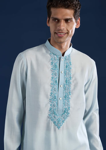 Sky Blue Viscose Resham Work Mens Kurta and Pant Set