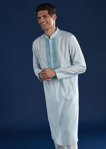 Sky Blue Viscose Resham Work Mens Kurta and Pant Set