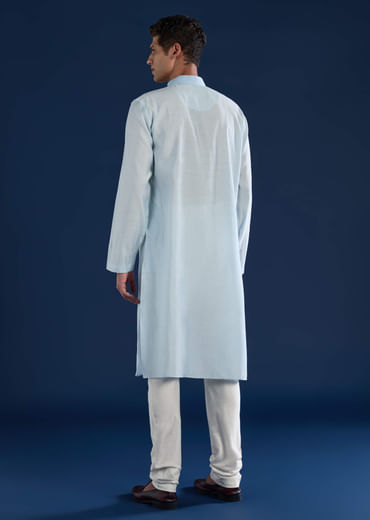 Sky Blue Viscose Resham Work Mens Kurta and Pant Set