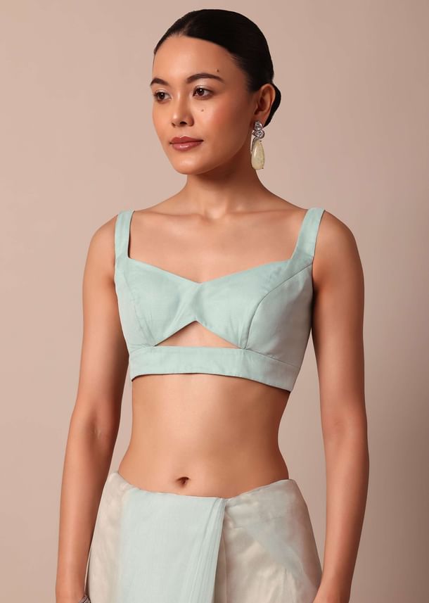 Sky Blue Chikankari Saree In Organza Silk With Scallop Border And Unstitched Blouse Fabric