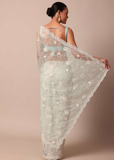 Sky Blue Chikankari Saree In Organza Silk With Scallop Border And Unstitched Blouse Fabric