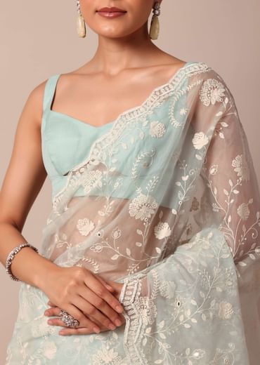 Sky Blue Chikankari Saree In Organza Silk With Scallop Border And Unstitched Blouse Fabric