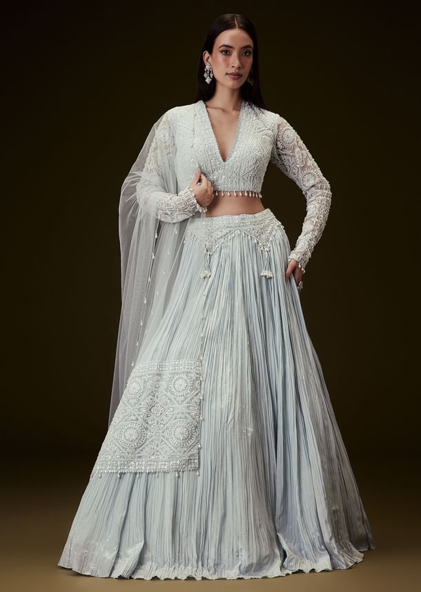 Sky Blue Crepe Sequence Lehenga With Full Sleeve  Blouse