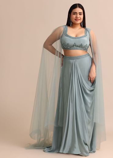 Sky Blue Draped Skirt With Cape