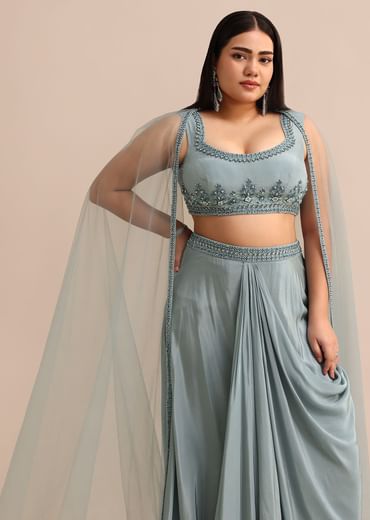 Sky Blue Draped Skirt With Cape