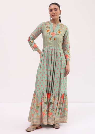 Sky Blue Embroidered Silk Long Kurti