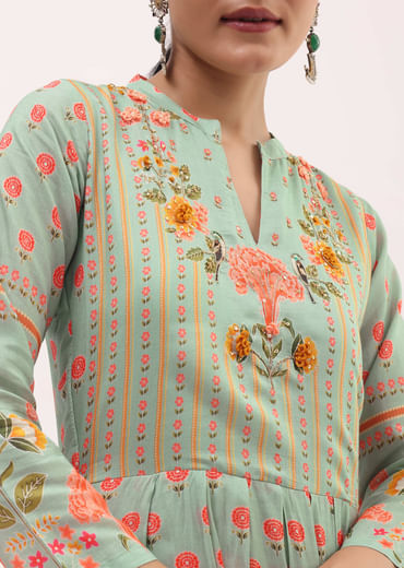 Sky Blue Embroidered Silk Long Kurti