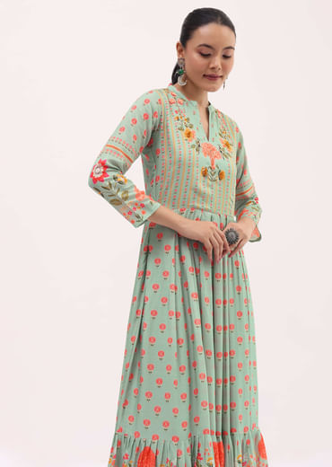 Sky Blue Embroidered Silk Long Kurti