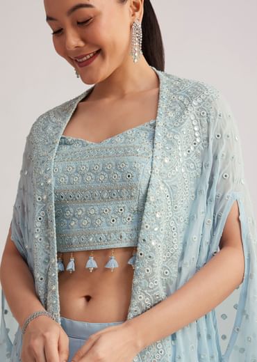 Sky Blue Georgette Palazzo Set With Embroidered Cape