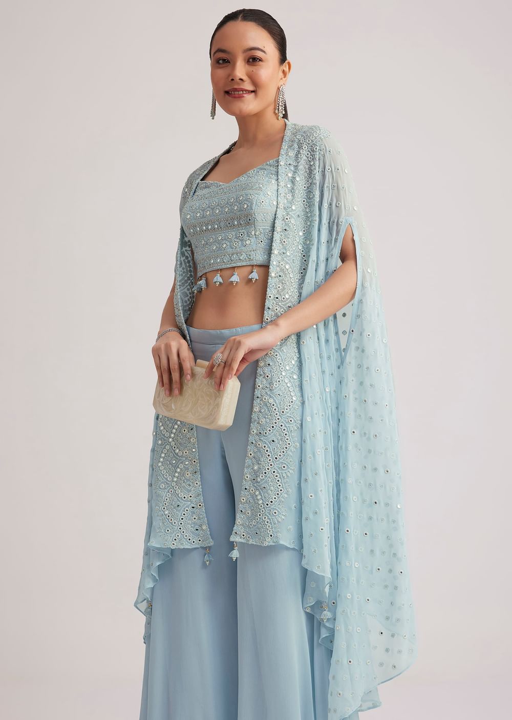 Sky Blue Georgette Palazzo Set With Embroidered Cape