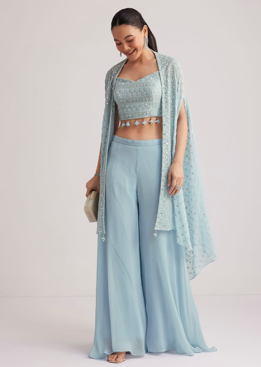 Sky Blue Georgette Palazzo Set With Embroidered Cape