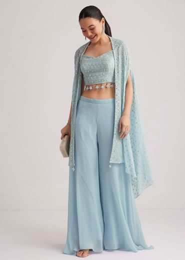 Sky Blue Georgette Palazzo Set With Embroidered Cape