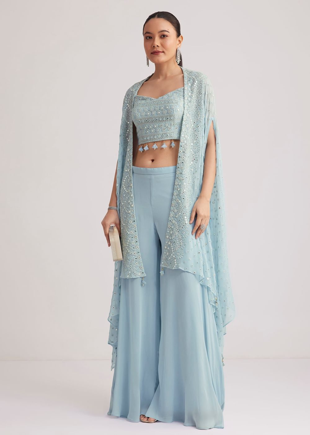 Sky Blue Georgette Palazzo Set With Embroidered Cape