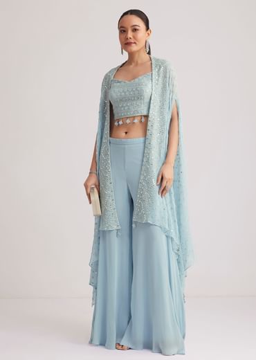 Sky Blue Georgette Palazzo Set With Embroidered Cape