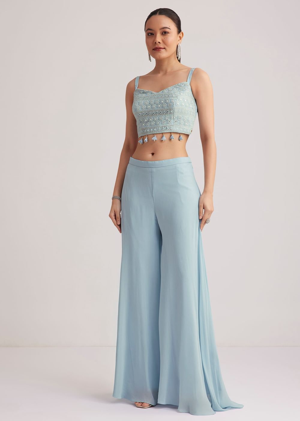 Sky Blue Georgette Palazzo Set With Embroidered Cape
