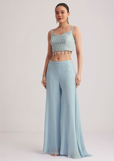 Sky Blue Georgette Palazzo Set With Embroidered Cape