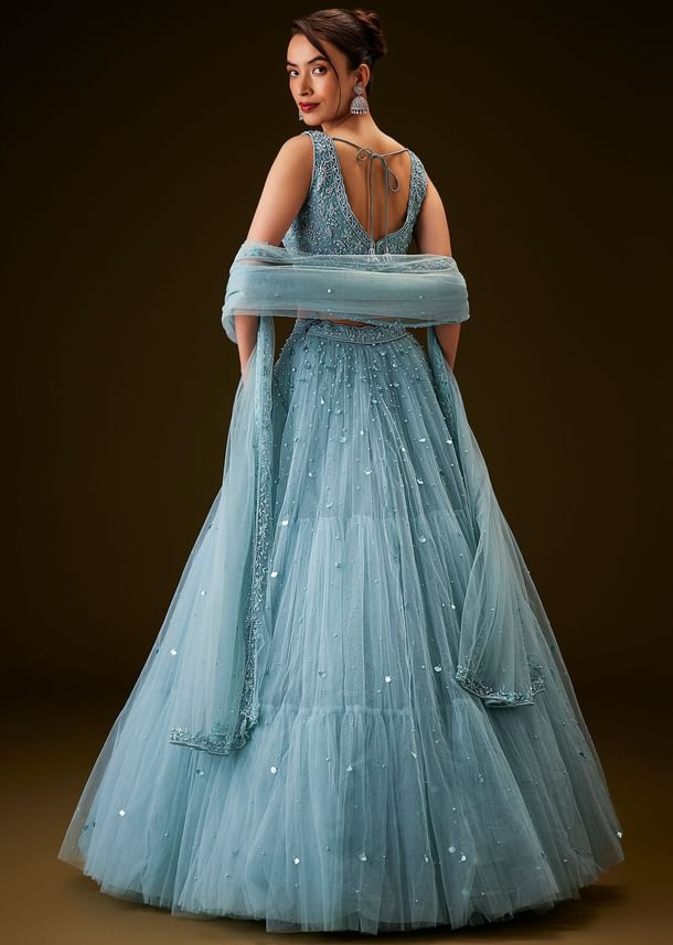 Sky Blue Hand Embroidered Net And Pearl Work Lehenga Set