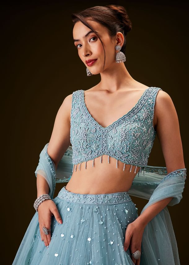 Sky Blue Hand Embroidered Net And Pearl Work Lehenga Set
