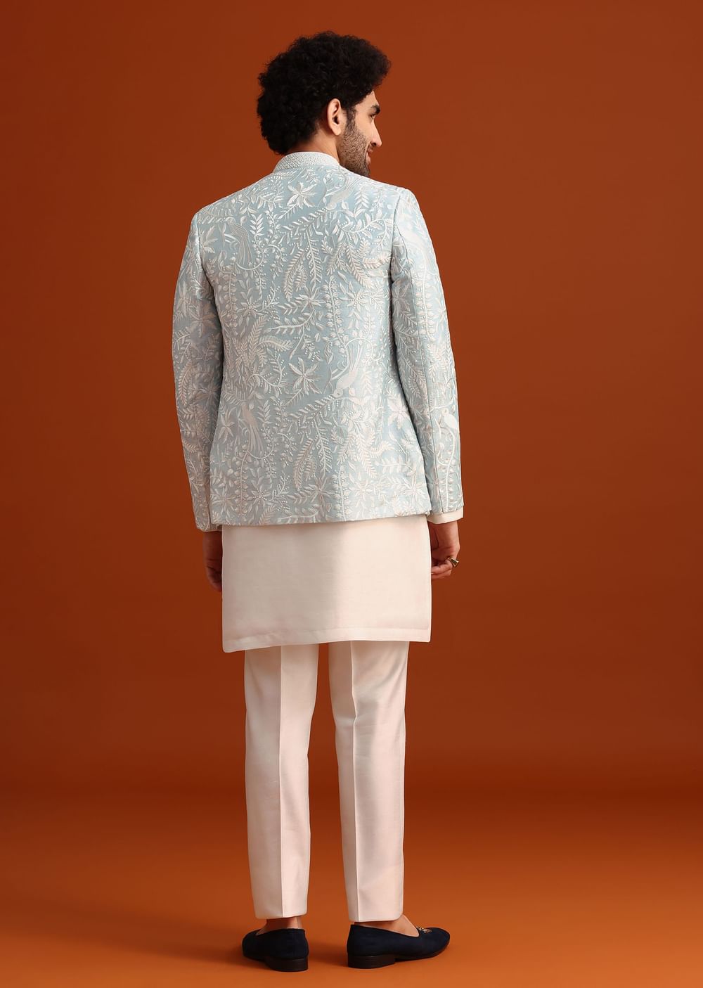 Sky Blue Indo-Western And Kurta Set In Silk With French Knots