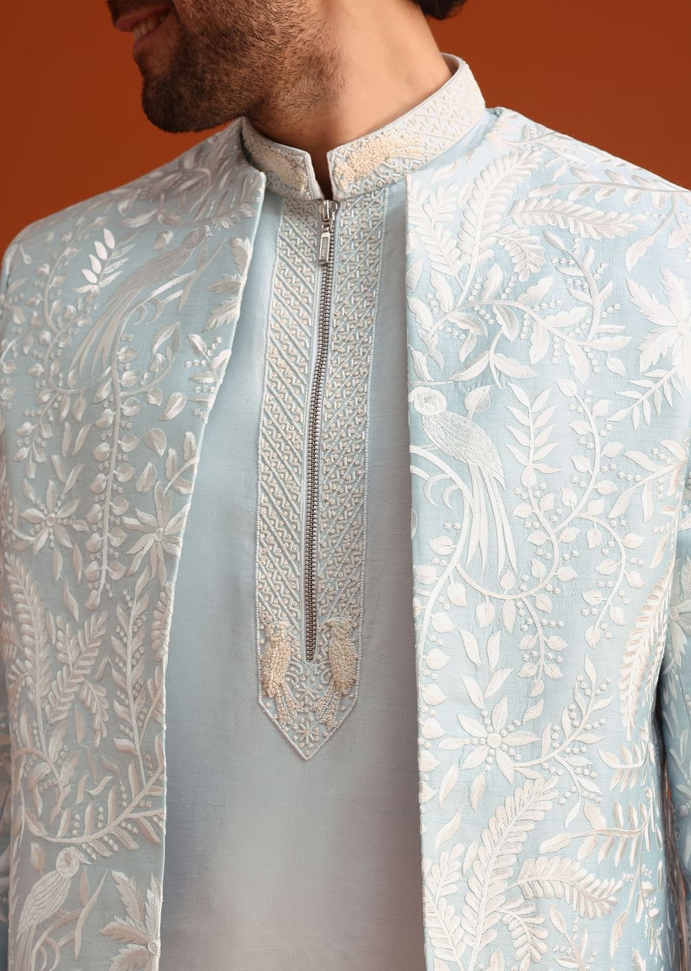 Sky Blue Indo-Western And Kurta Set In Silk With French Knots