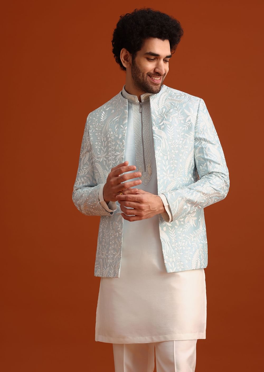 Sky Blue Indo-Western And Kurta Set In Silk With French Knots