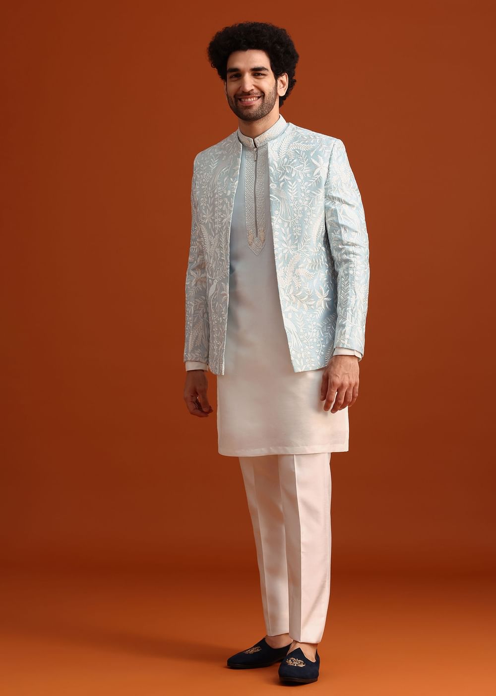 Sky Blue Indo-Western And Kurta Set In Silk With French Knots