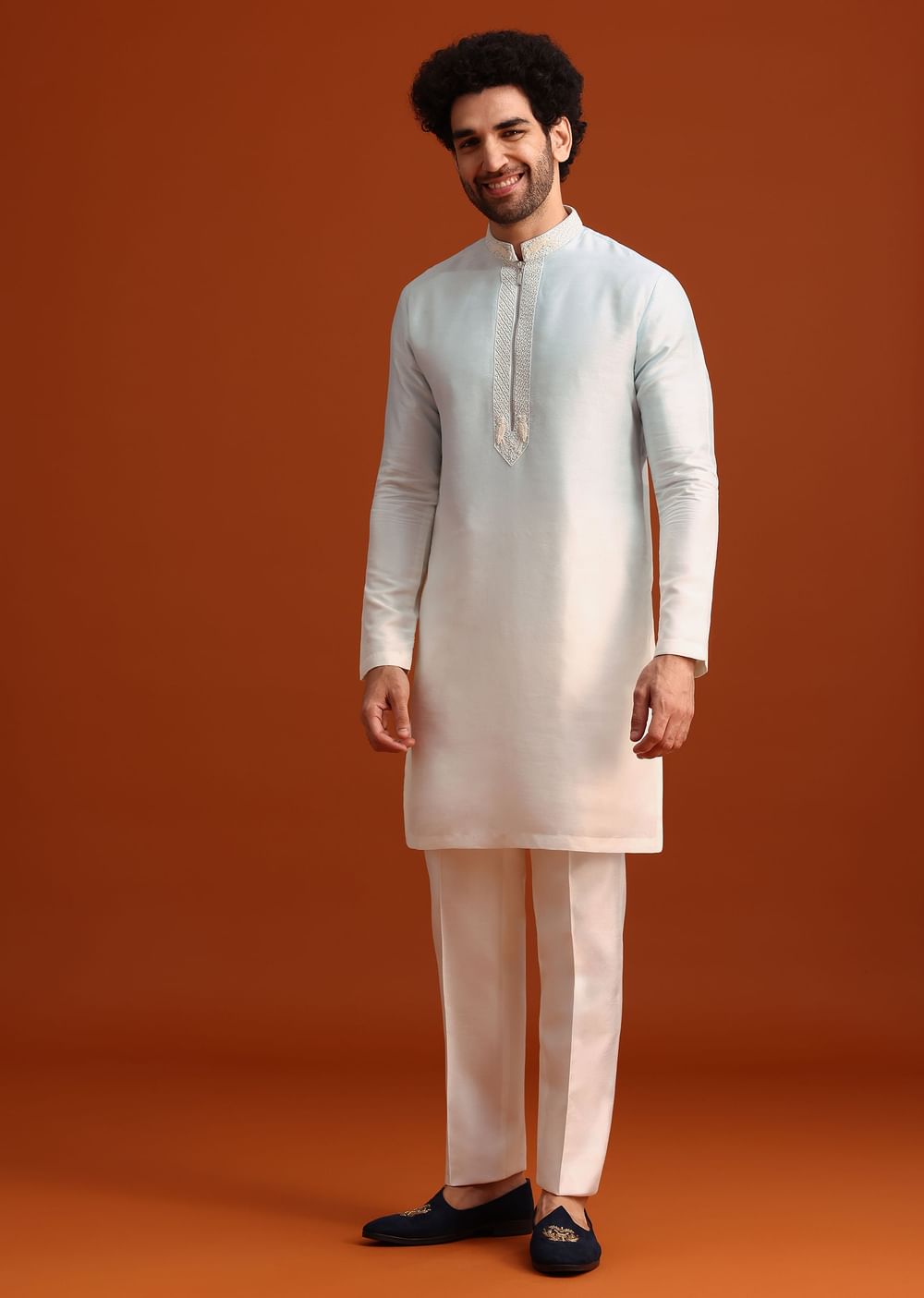 Sky Blue Indo-Western And Kurta Set In Silk With French Knots