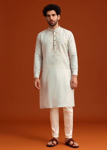 Sky Blue Kurta Set With Floral Thread Embroidery