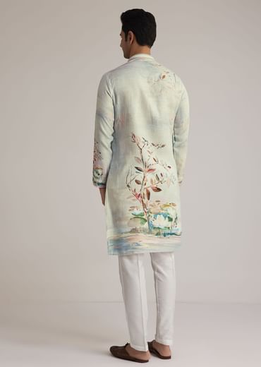 Sky Blue Linen Kurta With Floral Print