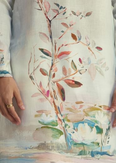 Sky Blue Linen Kurta With Floral Print