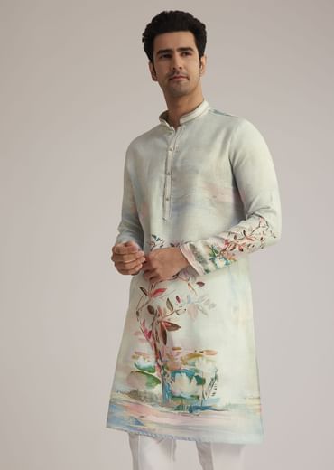 Sky Blue Linen Kurta With Floral Print